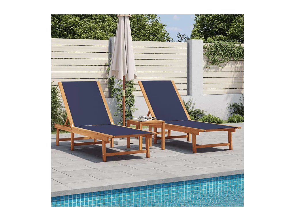 Chaises longues lot de 2 table bleu bois d'acacia et textilène