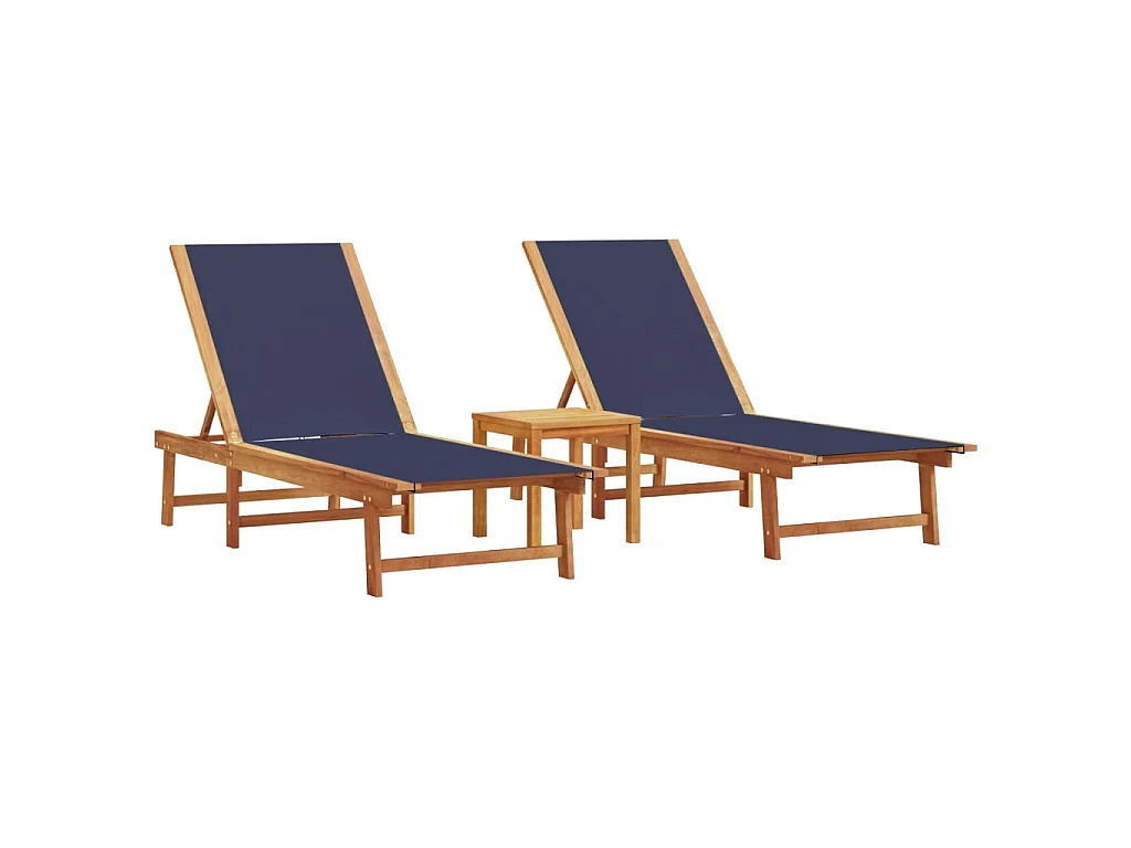 Espreguiçadeiras com mesa 2 pcs acácia maciça/textilene azul