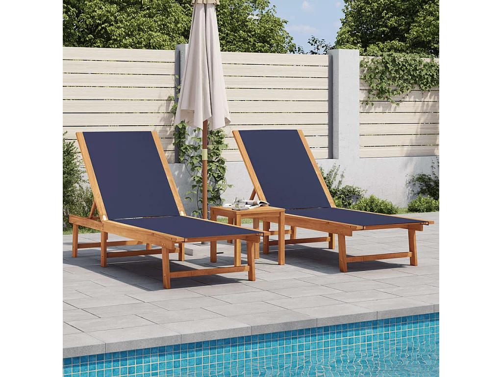 Espreguiçadeiras com mesa 2 pcs acácia maciça/textilene azul