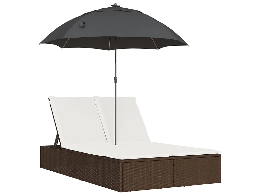 Lettino Prendisole Doppio Cuscini e Parasole Marrone Polyrattan