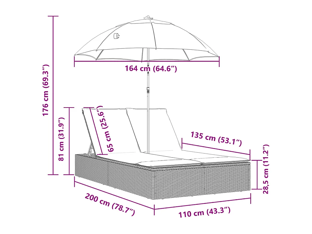 Lettino Prendisole Doppio Cuscini e Parasole Marrone Polyrattan