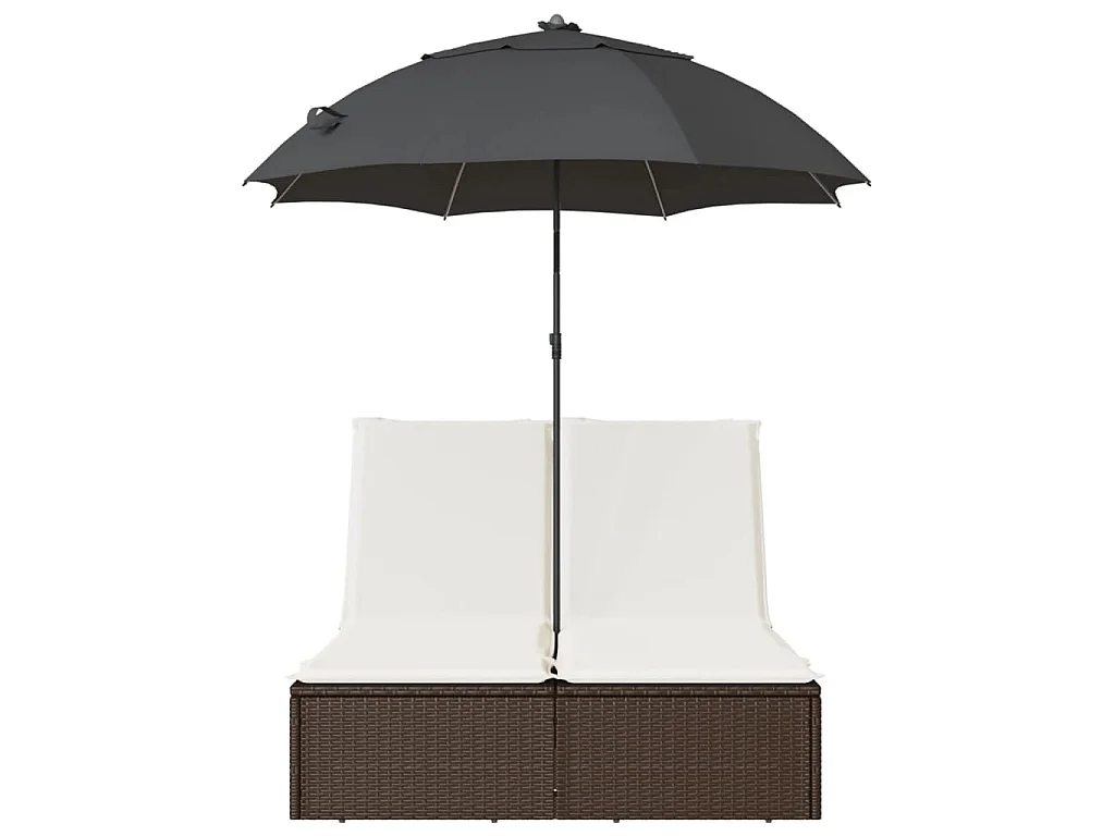 Lettino Prendisole Doppio Cuscini e Parasole Marrone Polyrattan