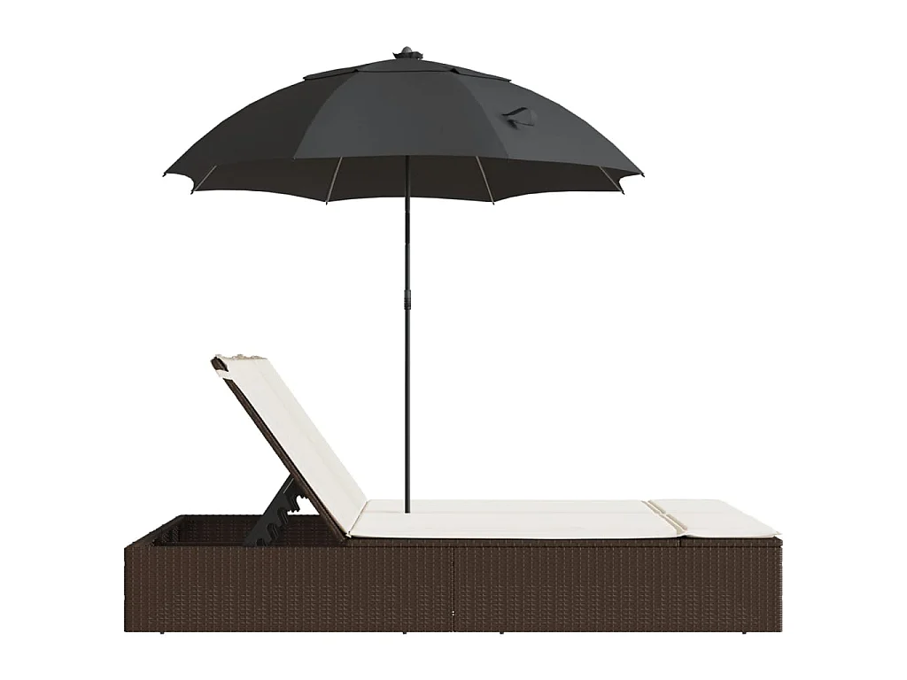 Lettino Prendisole Doppio Cuscini e Parasole Marrone Polyrattan