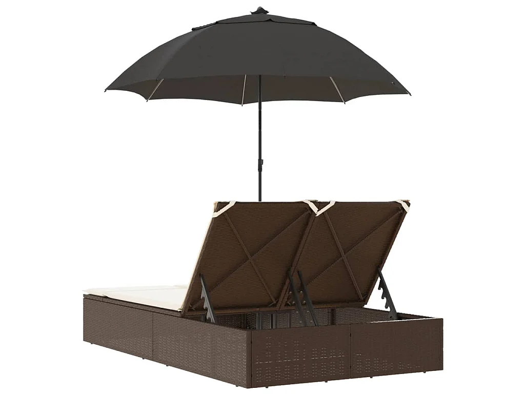 Lettino Prendisole Doppio Cuscini e Parasole Marrone Polyrattan