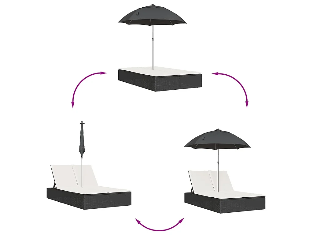 Lettino Prendisole Doppio Cuscini e Parasole Marrone Polyrattan