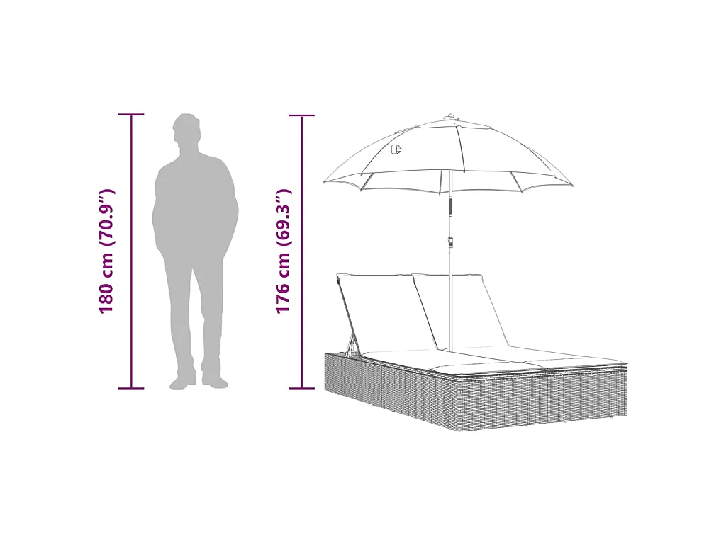 Lettino Prendisole Doppio Cuscini e Parasole Marrone Polyrattan