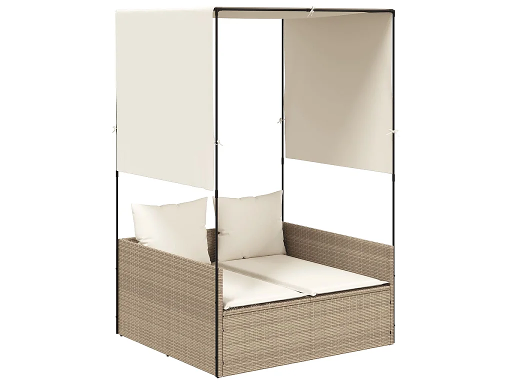 Ligbed tweepersoons met dak en gordijn poly rattan beige