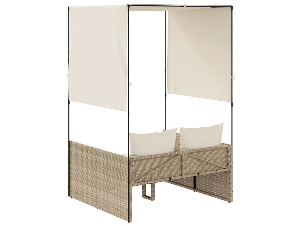 Ligbed tweepersoons met dak en gordijn poly rattan beige