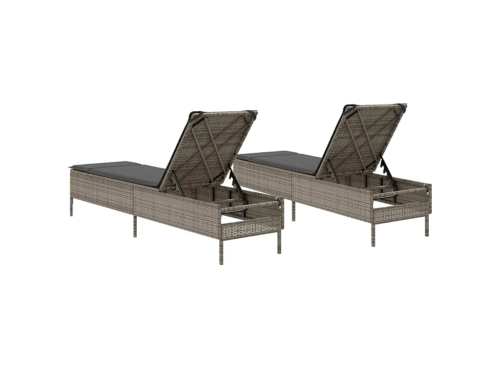 Sonnenliegen mit Auflagen 2 Stk. Grau Poly Rattan