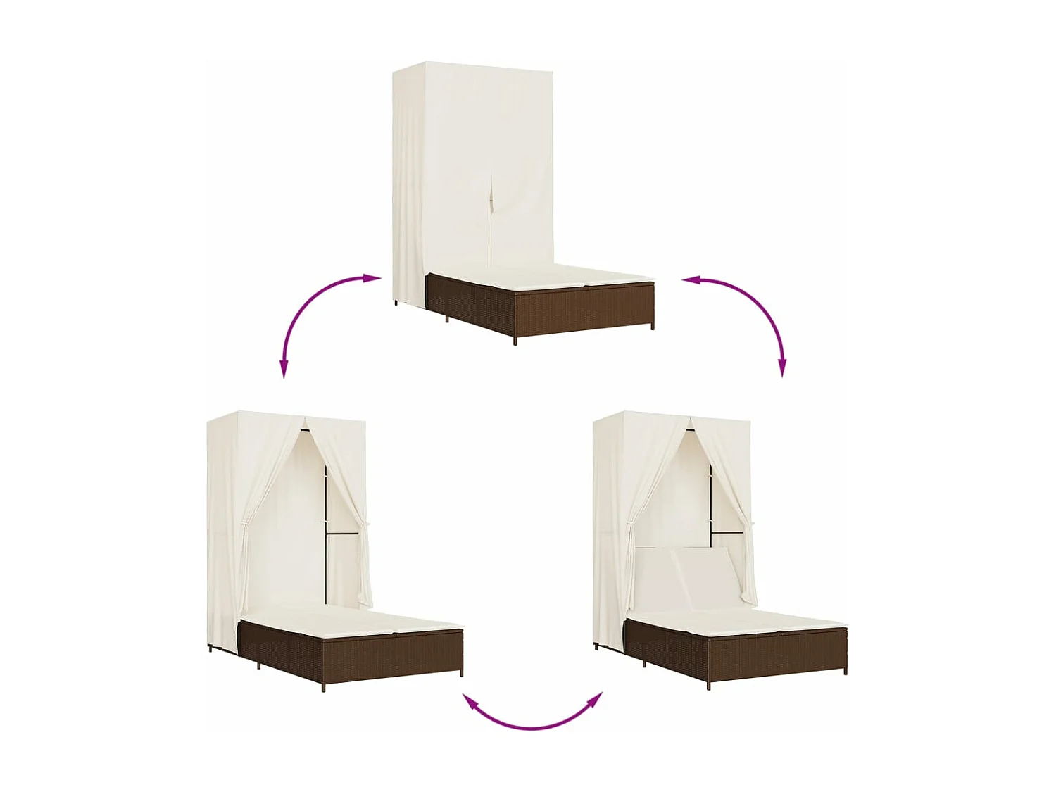 Ligbed tweepersoons met dak en gordijn poly rattan bruin