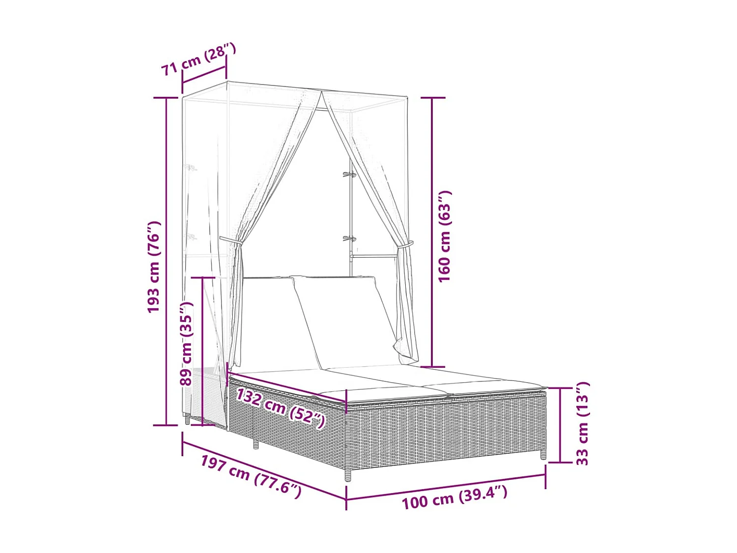 Ligbed tweepersoons met dak en gordijn poly rattan bruin