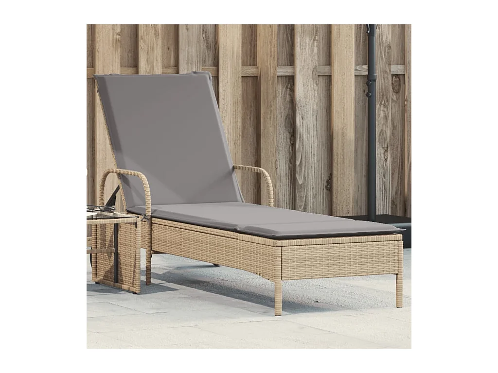 Chaise longue avec roues et coussin beige résine tressée