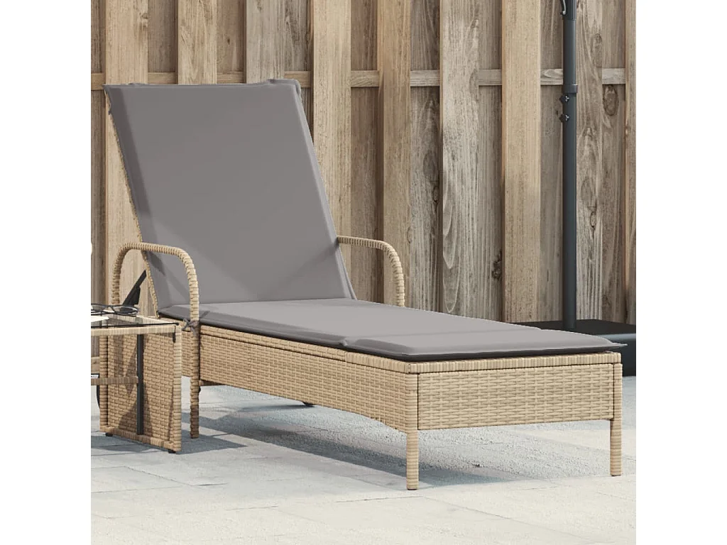 Lettino Prendisole con Ruote e Cuscino in Polyrattan Beige