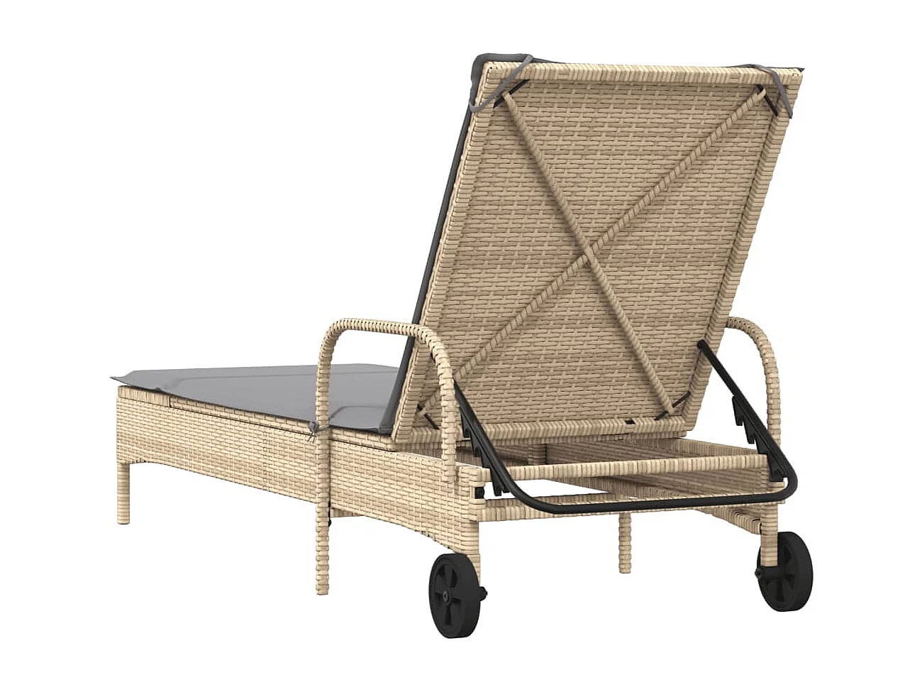 Lettino Prendisole con Ruote e Cuscino in Polyrattan Beige