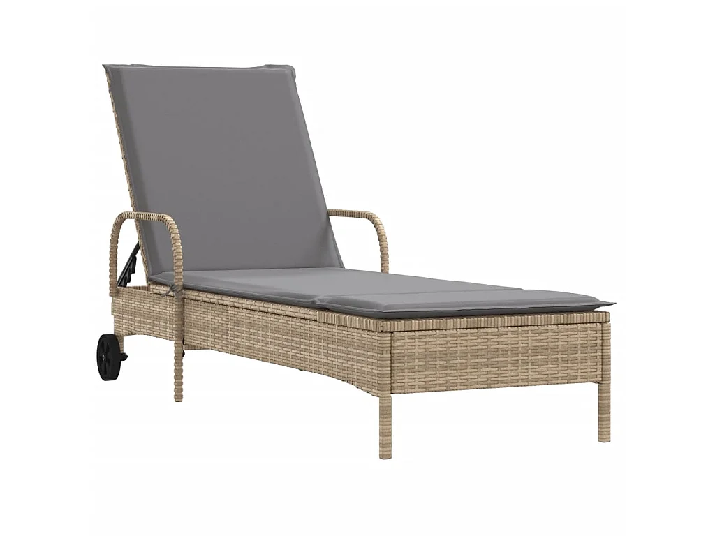 Ligbed met wielen en kussen poly rattan beige