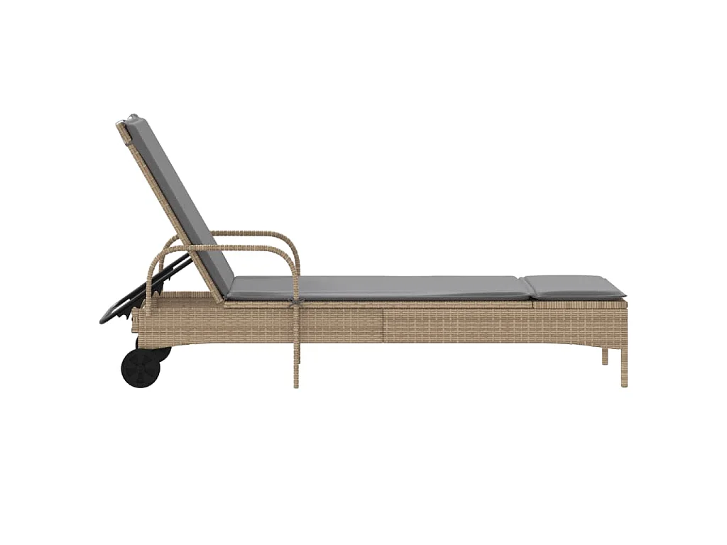 Ligbed met wielen en kussen poly rattan beige