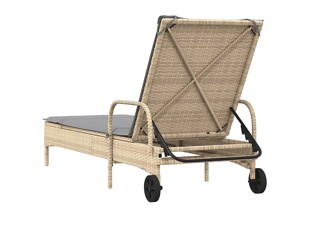 Ligbed met wielen en kussen poly rattan beige