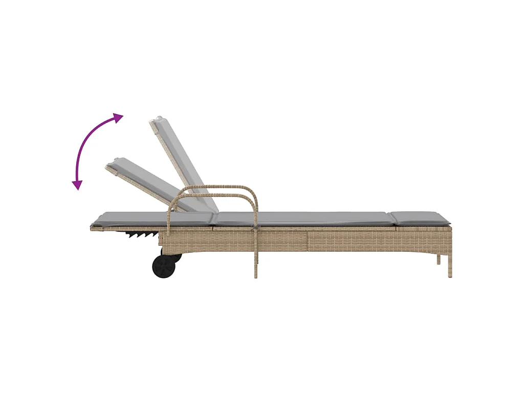 Ligbed met wielen en kussen poly rattan beige