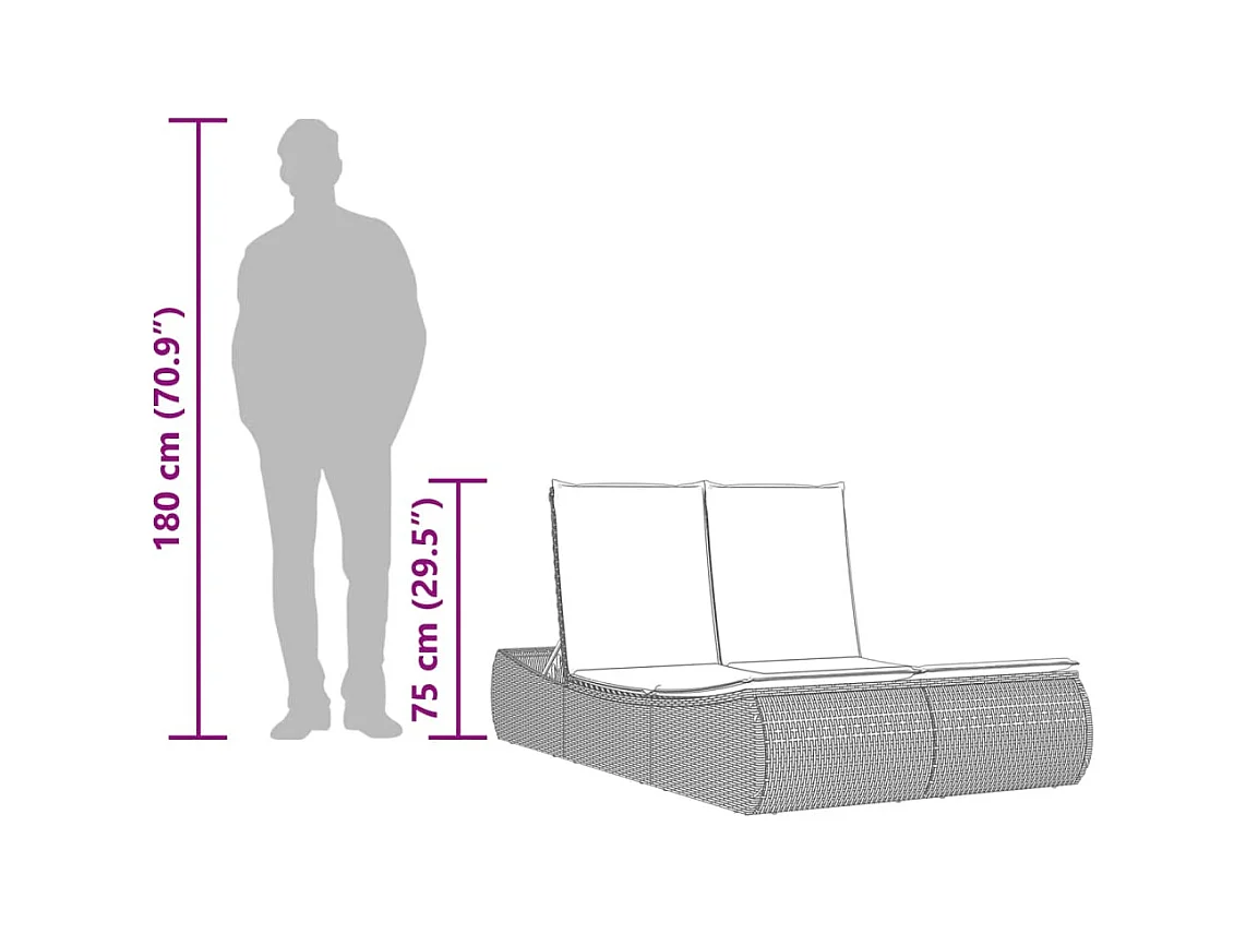 Chaise longue double avec coussins gris clair résine tressée