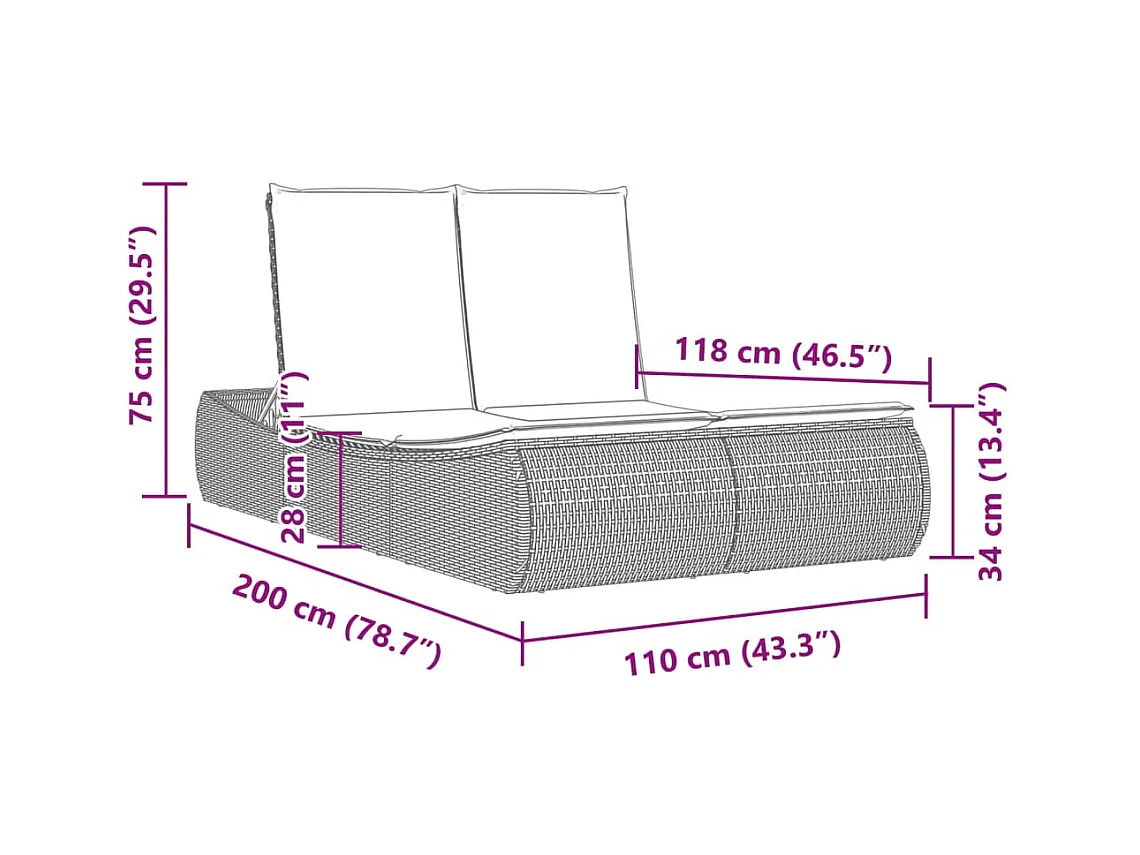 Chaise longue double avec coussins gris clair résine tressée