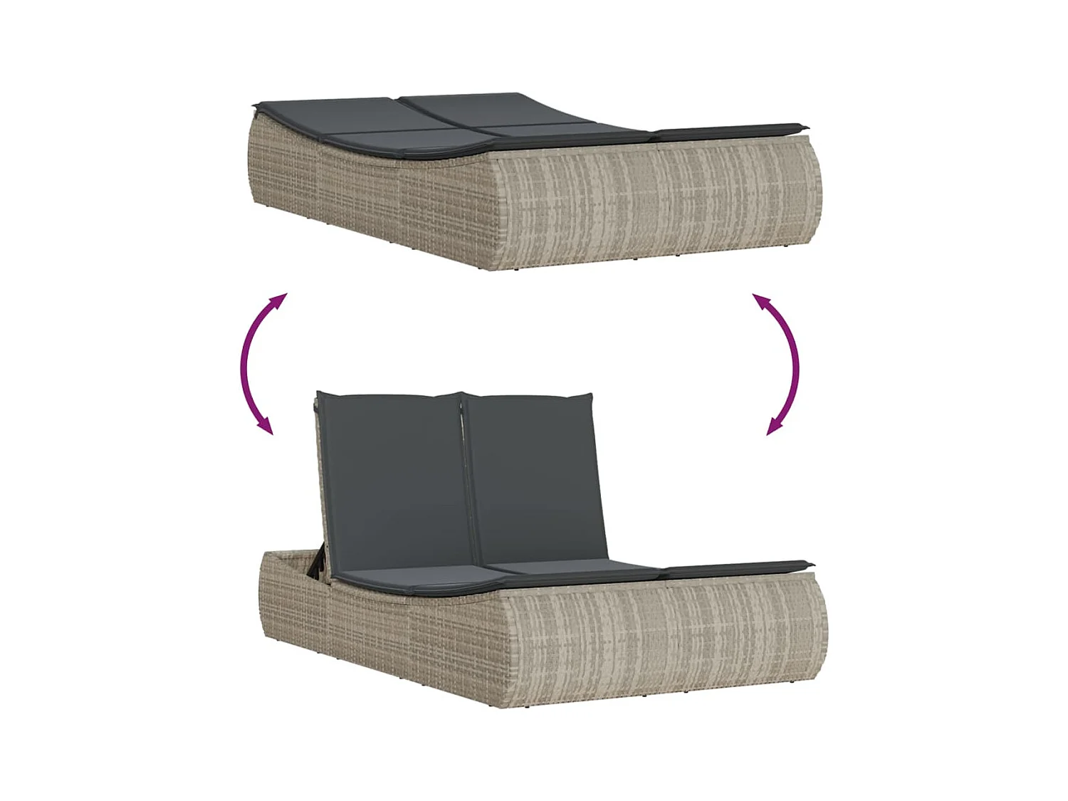 Chaise longue double avec coussins gris clair résine tressée