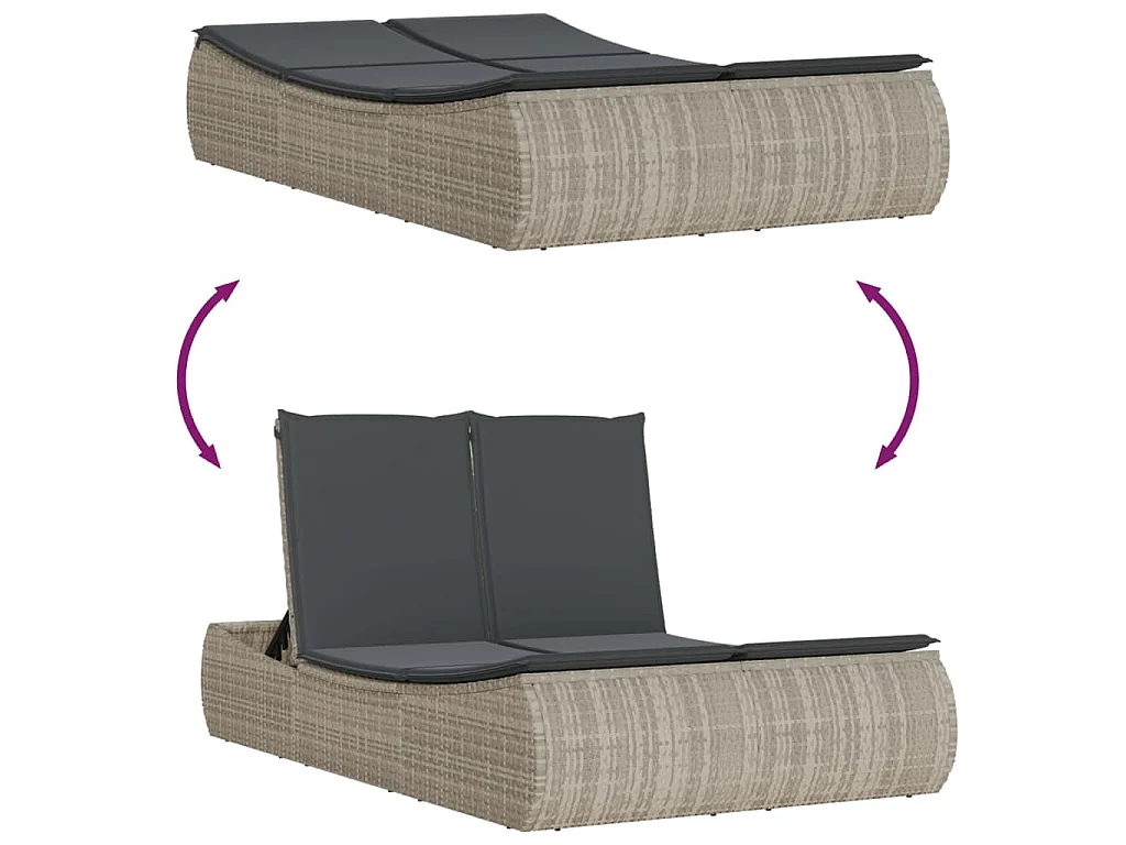 Ligbed 2-persoons met kussens poly rattan lichtgrijs