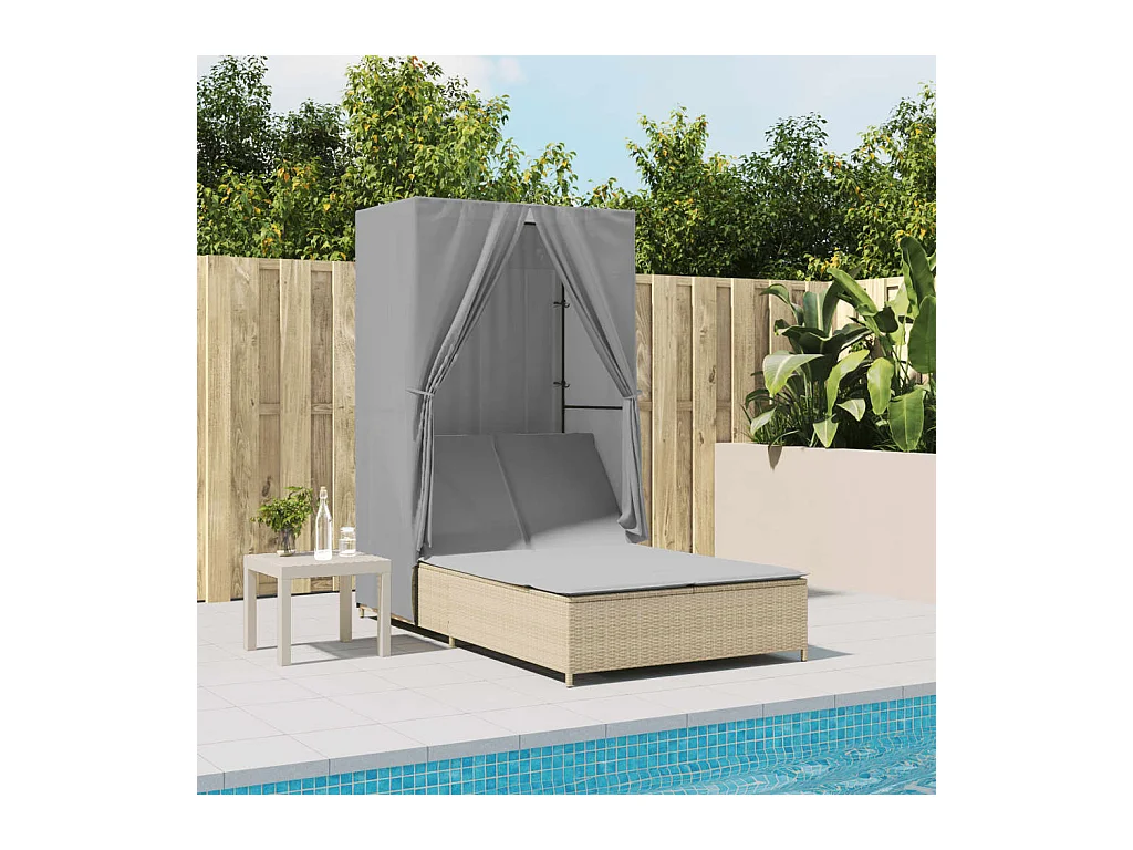 Chaise longue double avec toit et rideaux beige résine tressée