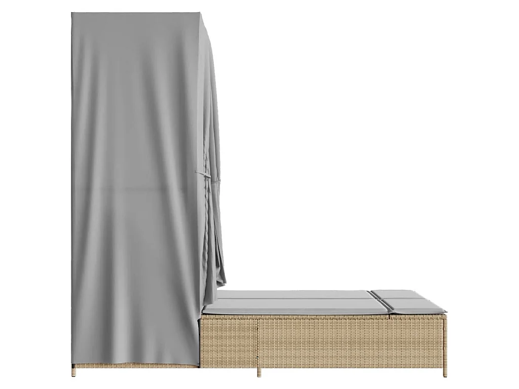 Chaise longue double avec toit et rideaux beige résine tressée