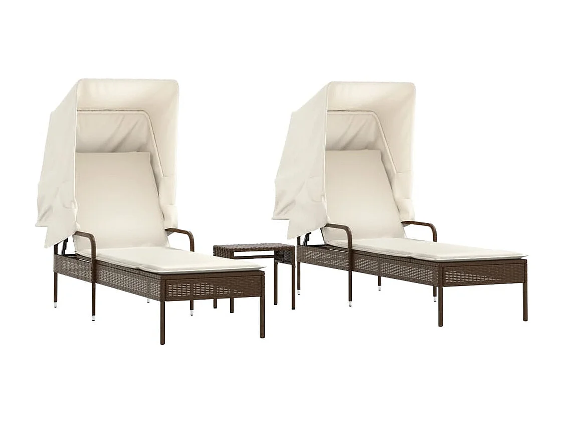 Espreguiçadeiras com toldos e mesa 2 pcs vime PE castanho