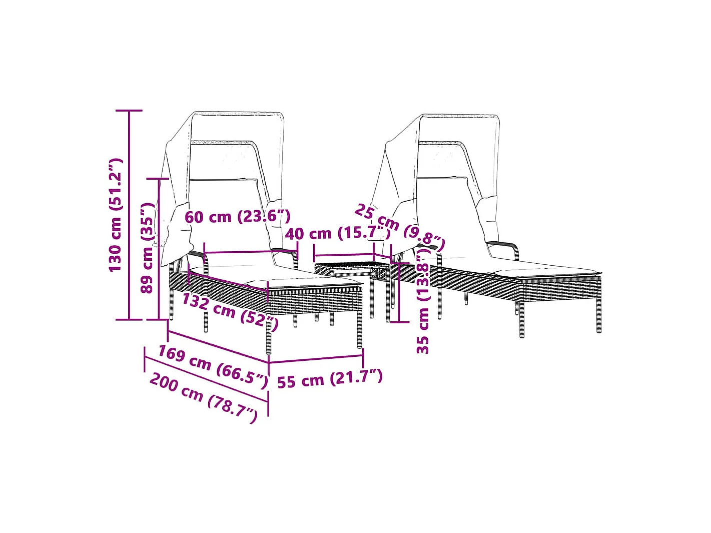 Espreguiçadeiras com toldos e mesa 2 pcs vime PE castanho