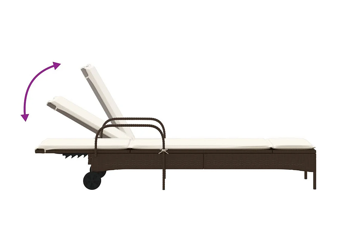 Ligbed met wielen en kussen poly rattan bruin