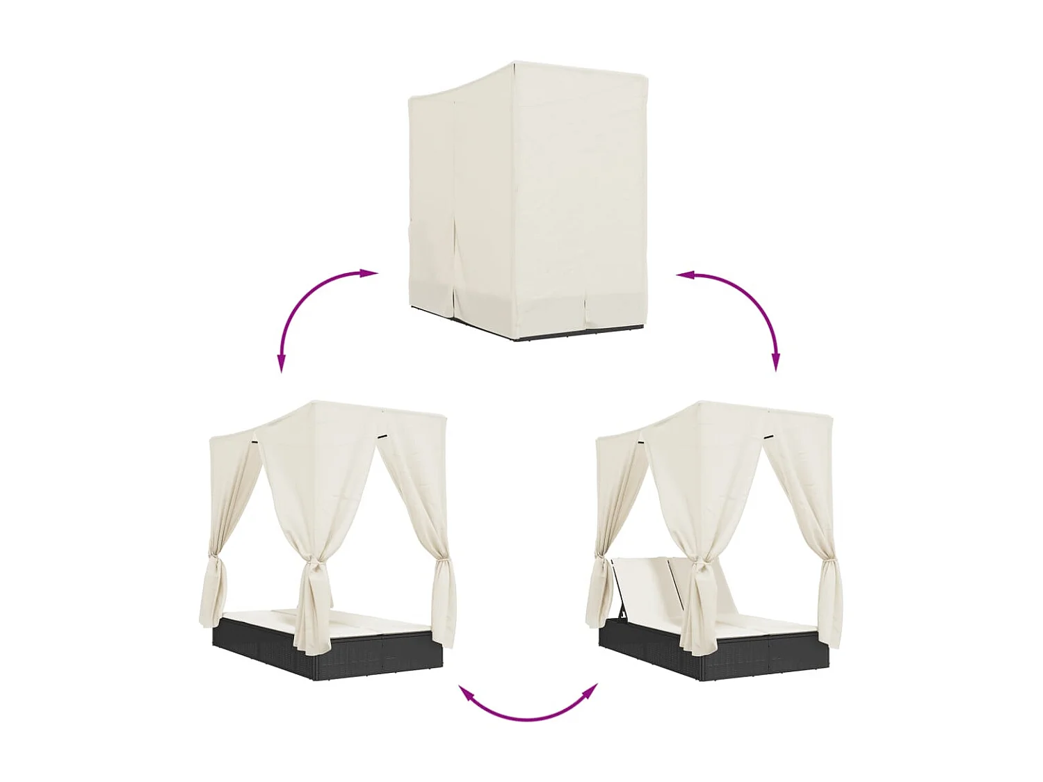 Ligbed tweepersoons met dak en gordijn poly rattan zwart
