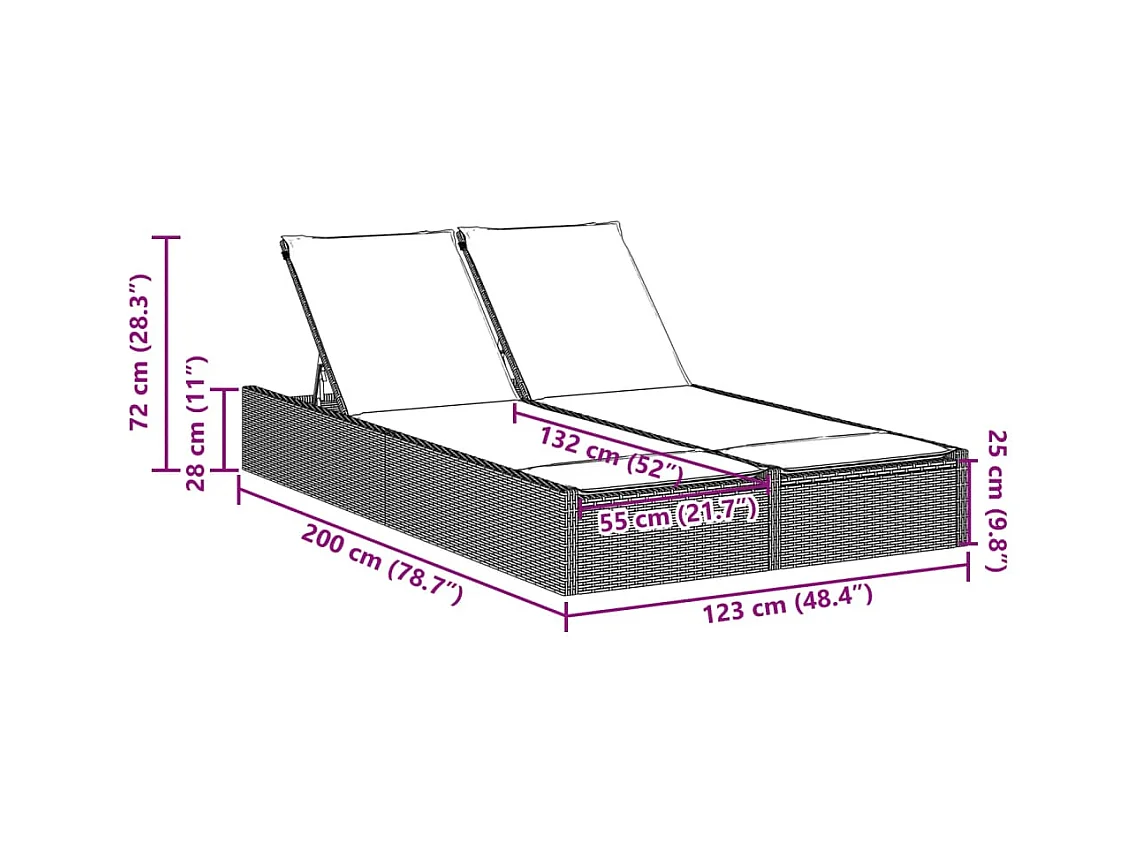 Chaise longue double avec coussins gris clair résine tressée
