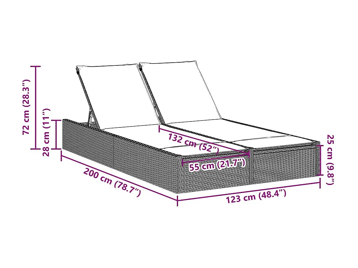 Chaise longue double avec coussins gris clair résine tressée