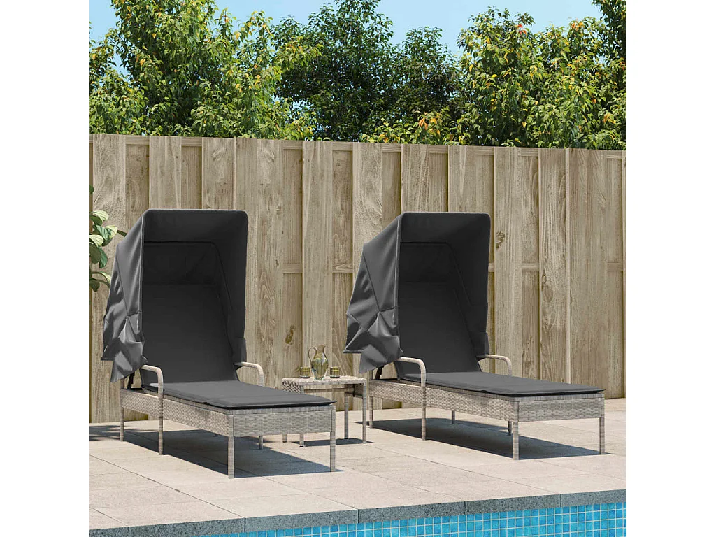 Ligbedden 2 st met luifels en tafel poly rattan lichtgrijs