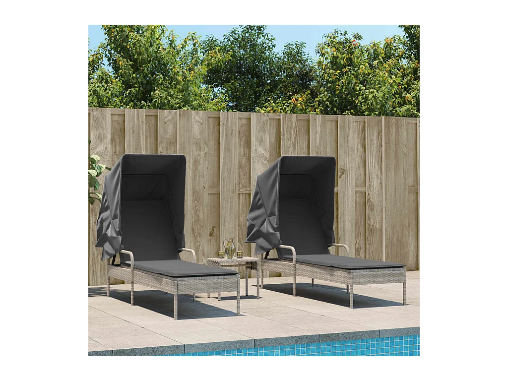 Chaises longues lot de 2 avec auvents et table gris clair rotin