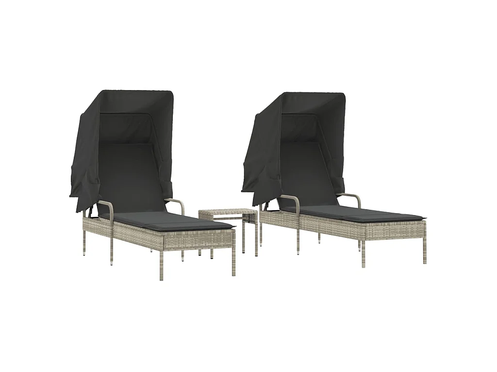Ligbedden 2 st met luifels en tafel poly rattan lichtgrijs