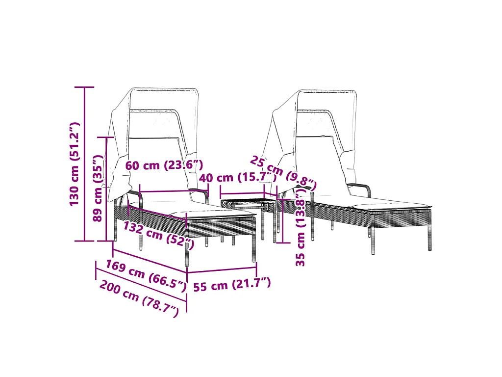 Ligbedden 2 st met luifels en tafel poly rattan lichtgrijs