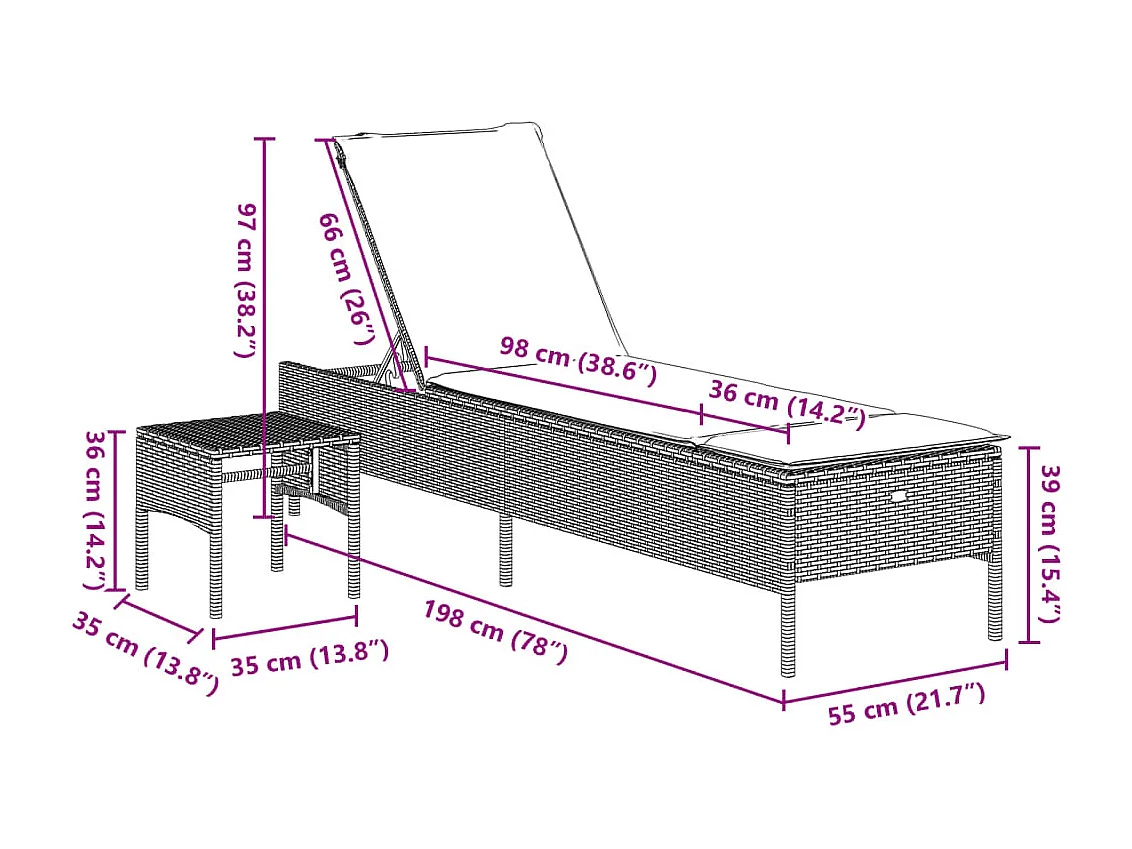 Sonnenliege mit Tisch und Auflage Grau Poly Rattan