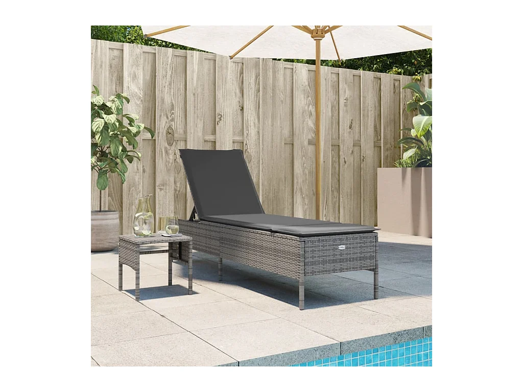 Sonnenliege mit Tisch und Auflage Grau Poly Rattan