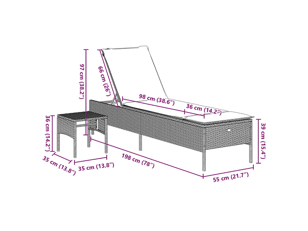 Ligbed met tafel en kussen poly rattan grijs