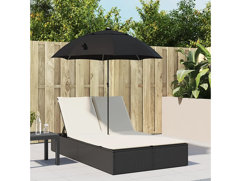 Chaise longue double et coussins et parasol noir résine tressée