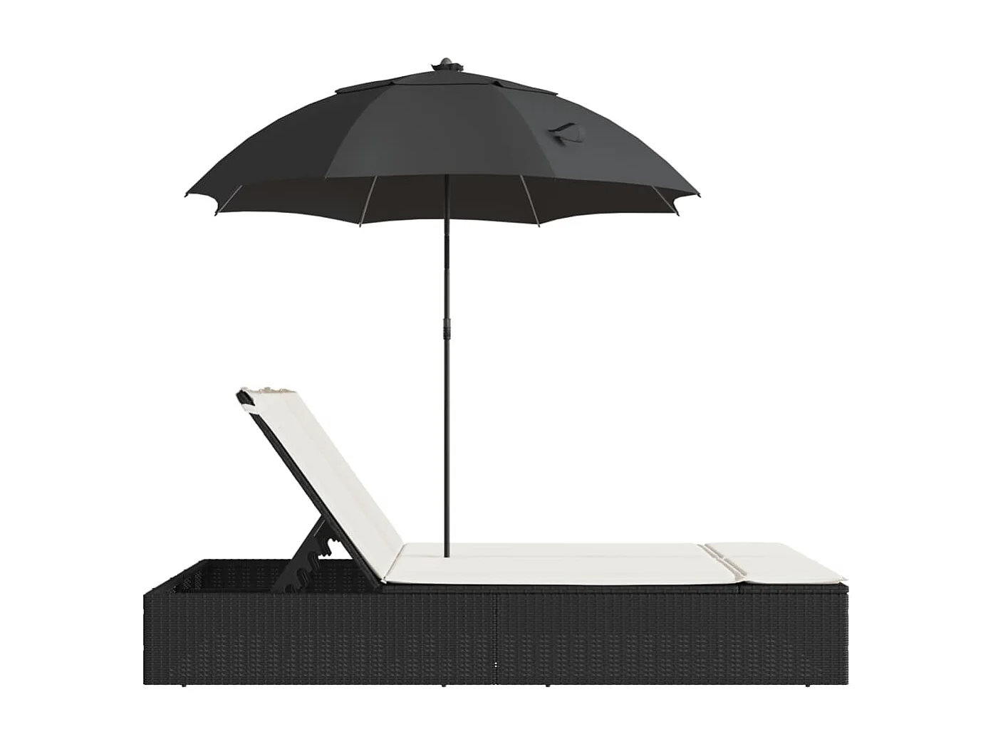 Chaise longue double et coussins et parasol noir résine tressée