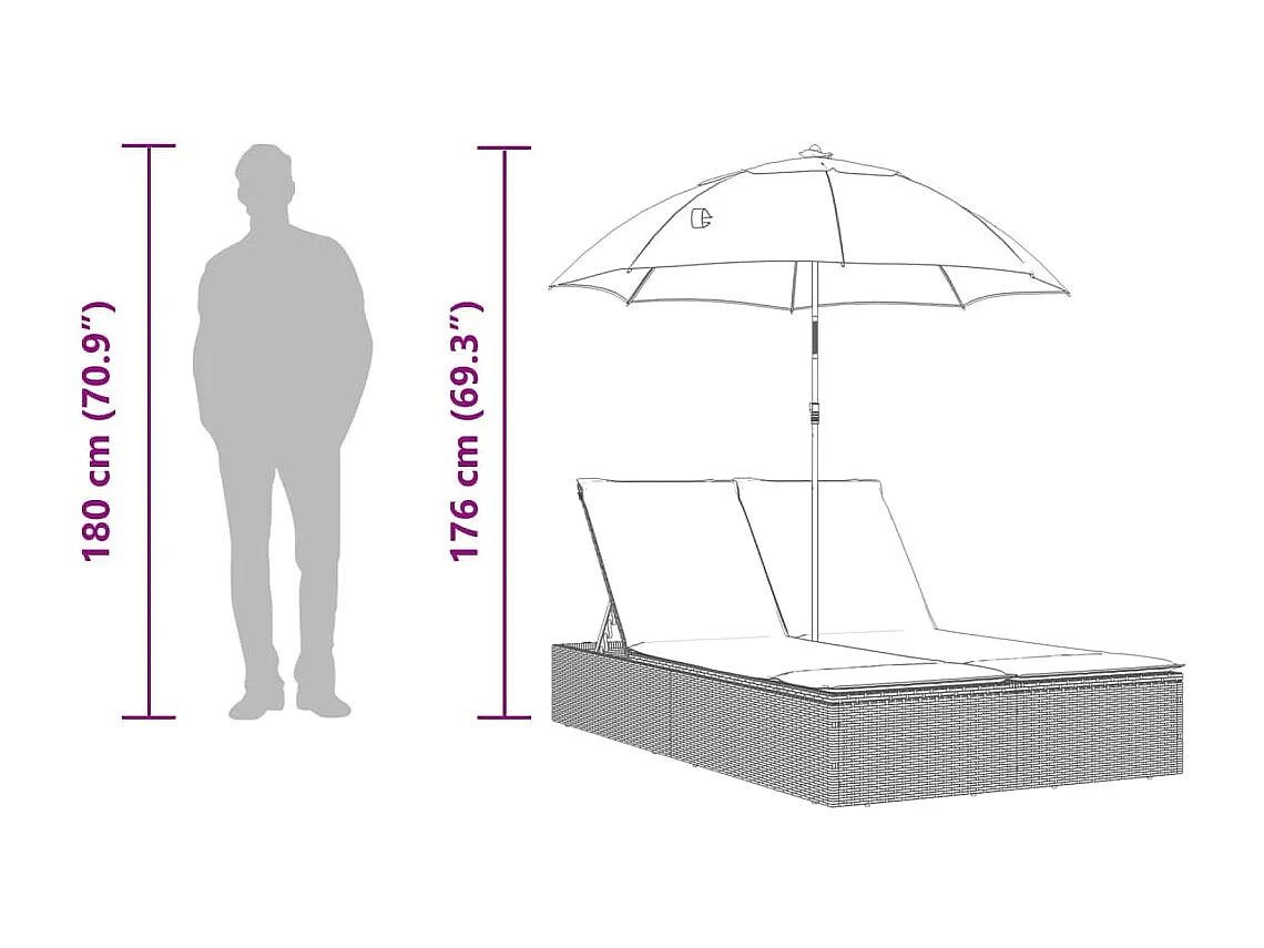 Lettino Prendisole Doppio Cuscini e Parasole Nero in Polyrattan