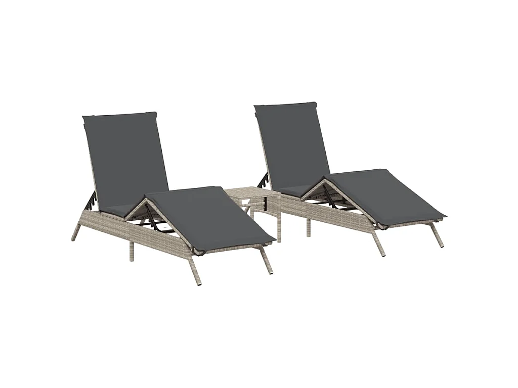 Ligbedden 2 st met tafel poly rattan lichtgrijs