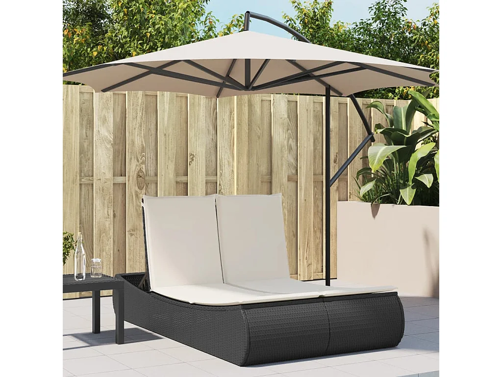 Ligbed 2-persoons met kussens poly rattan zwart