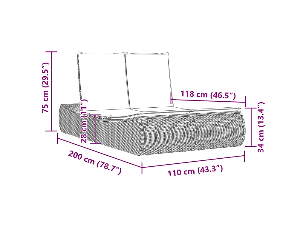 Chaise longue double avec coussins noir résine tressée