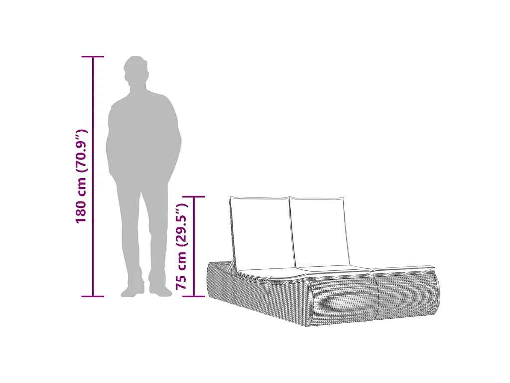 Chaise longue double avec coussins noir résine tressée