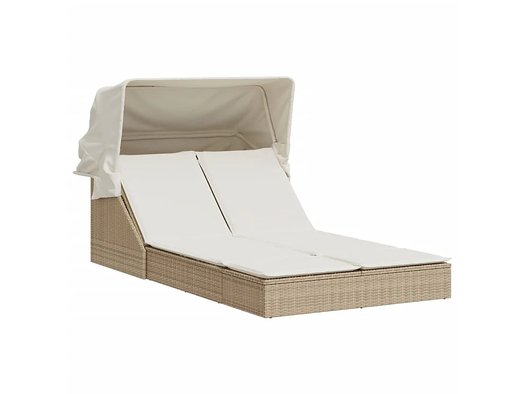 Chaise longue double avec auvent et coussins beige poly rotin