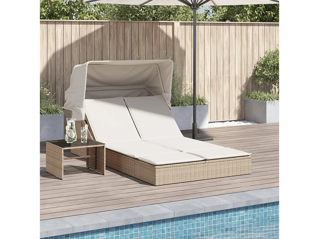 Chaise longue double avec auvent et coussins beige poly rotin